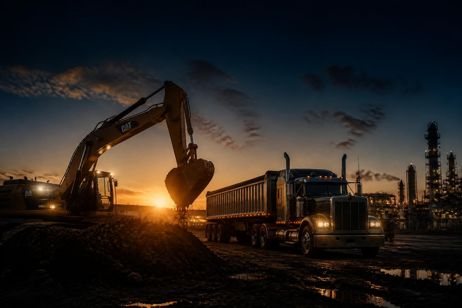 Heavy construction equipment financed at a job site at dusk